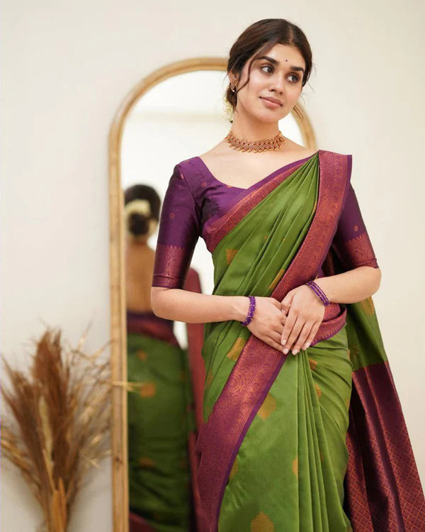 Womenline Green Color Jacquard Print Banarasi Soft Silk Saree