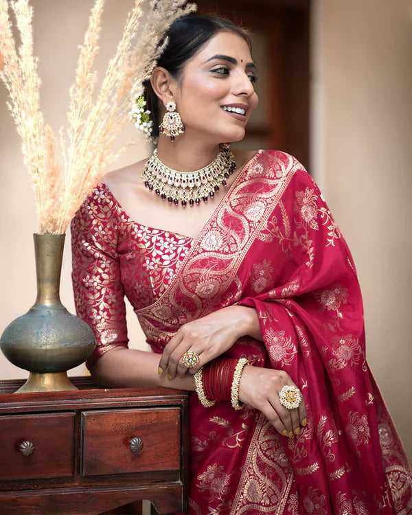 Womenline Rani Pink Color Banarasi Jacquard Zari Weaving Saree