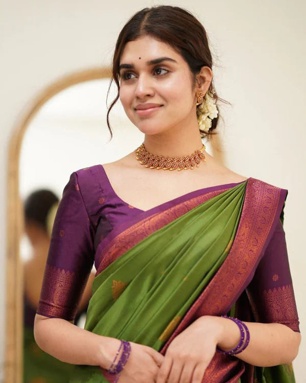Womenline Green Color Jacquard Print Banarasi Soft Silk Saree