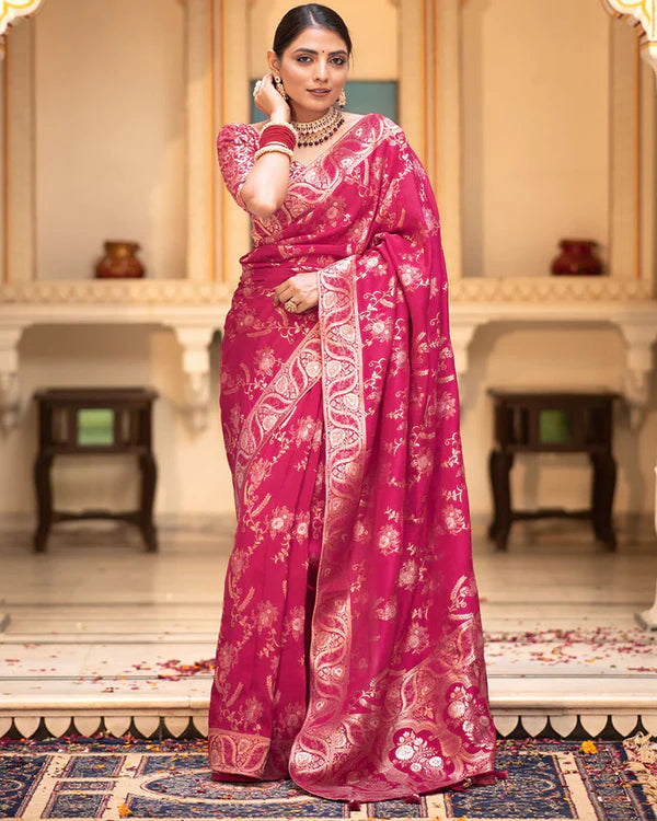 Womenline Rani Pink Color Banarasi Jacquard Zari Weaving Saree