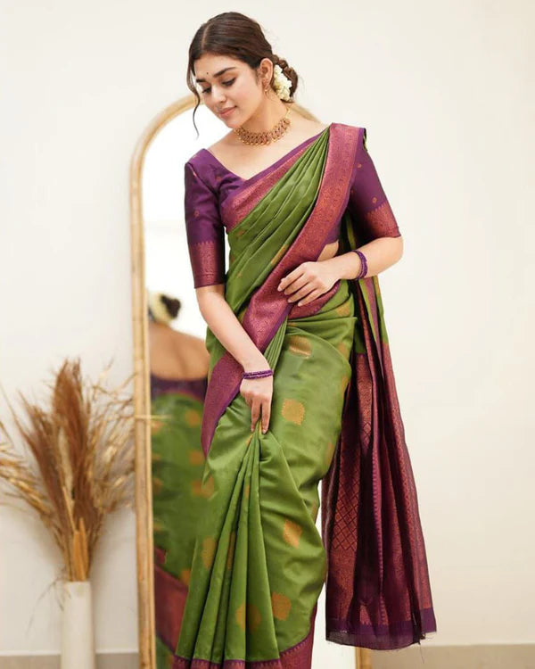 Womenline Green Color Jacquard Print Banarasi Soft Silk Saree