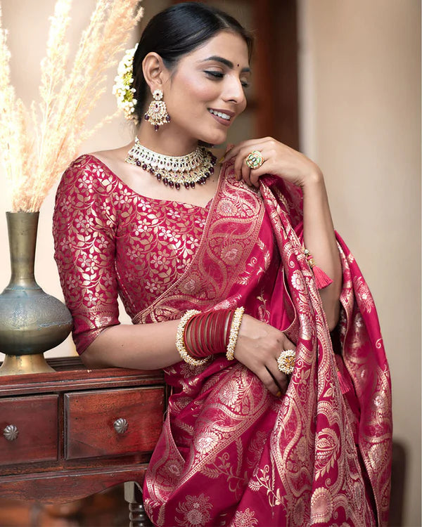 Womenline Rani Pink Color Banarasi Jacquard Zari Weaving Saree