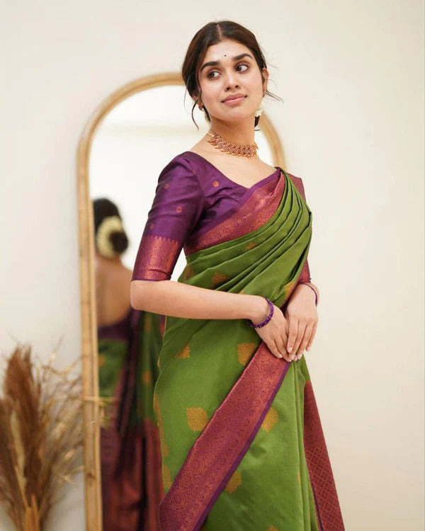 Womenline Green Color Jacquard Print Banarasi Soft Silk Saree