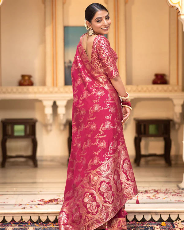 Womenline Rani Pink Color Banarasi Jacquard Zari Weaving Saree
