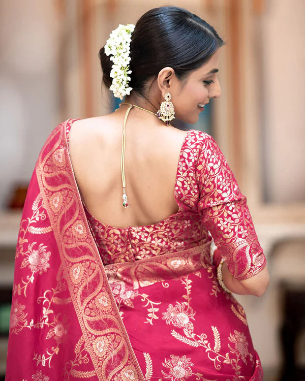 Womenline Rani Pink Color Banarasi Jacquard Zari Weaving Saree
