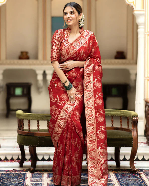 Womenline Red Color Banarasi Jacquard Zari Weaving Saree