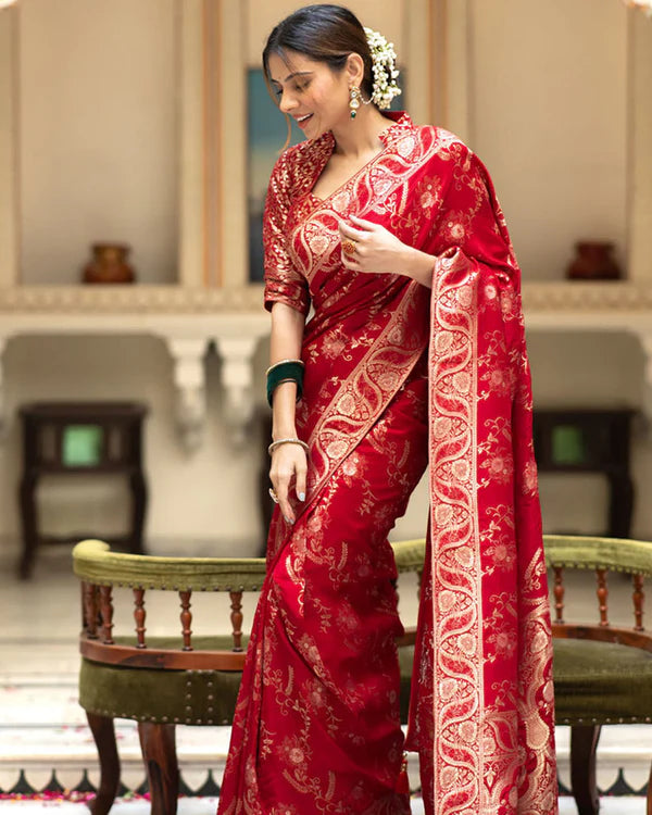 Womenline Red Color Banarasi Jacquard Zari Weaving Saree
