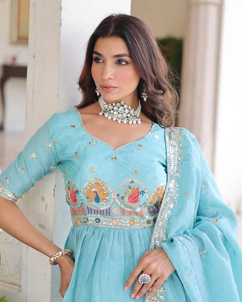 Womenline Sky Color Gold Crush Embroidered Lehenga Choli