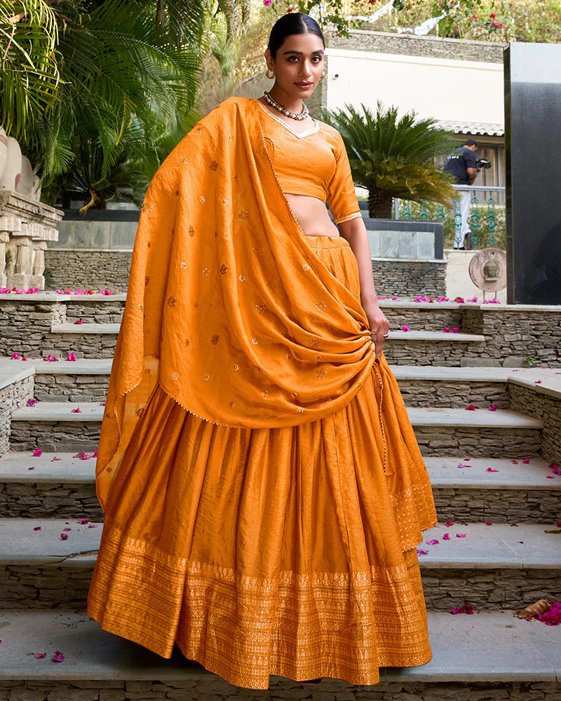 Womenline Yellow Color Pure Chanderi Plain Navratri Half Saree