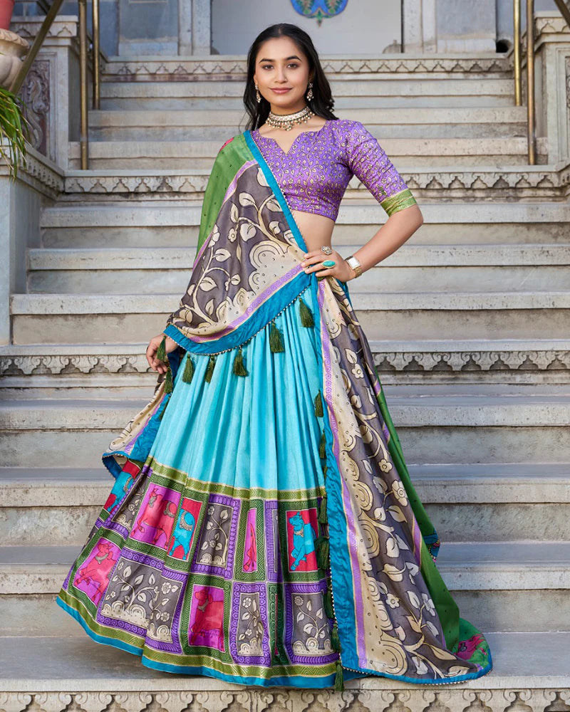 Womenline Sea Green Color Tussar Silk Kalamkari Printed Lehenga Choli