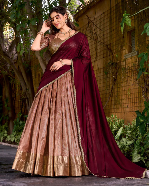 Womenline Peach Color Dupion Silk Zari Weaving Half Saree