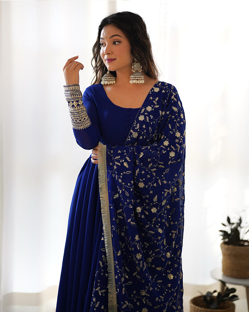 Womenline Blue Color Soft Georgette With Heavy Embroidery Work Dupatta Anarkali Suit