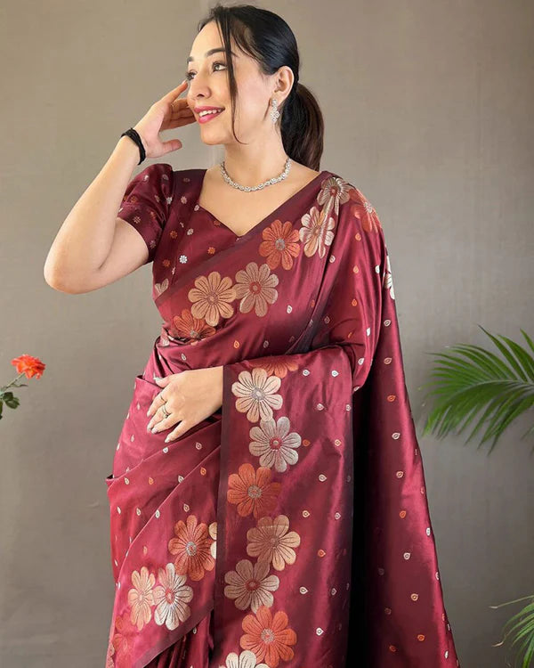 Womenline Jacquard Design Maroon color Soft Lichi Silk Saree