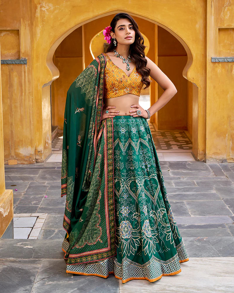 Womenline Bottle Green Color Vichitra Silk Printed And Embroidered Lehenga Choli