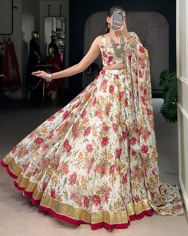 Womenline White Color Chiffon Printed Lehenga Choli