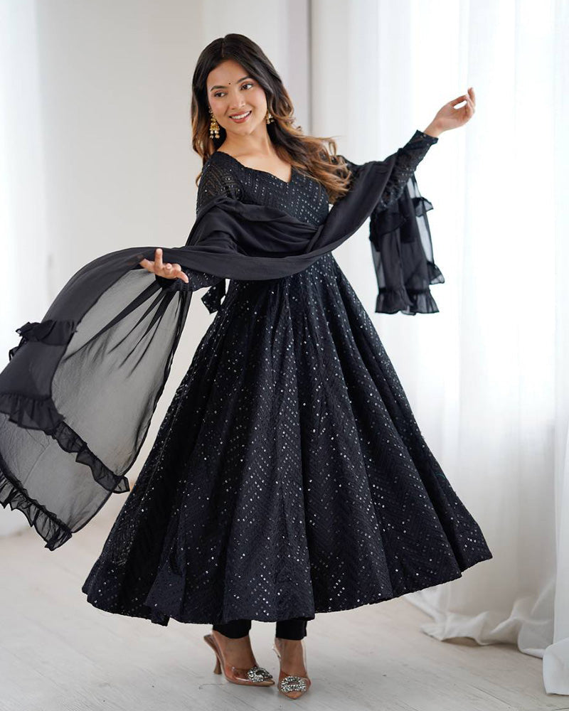 Womenline Black Color Georgette Lucknowi Three Piece Anarkali Suit