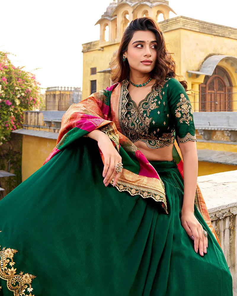Womenline Designer Green Color Vichitra Silk Embroidered Lehenga Choli