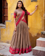 Womenline Chickoo Color Pure Chanderi Threaded Half Saree