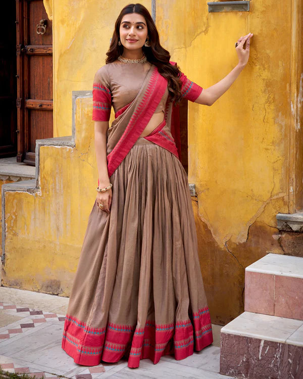 Womenline Chickoo Color Pure Chanderi Threaded Half Saree