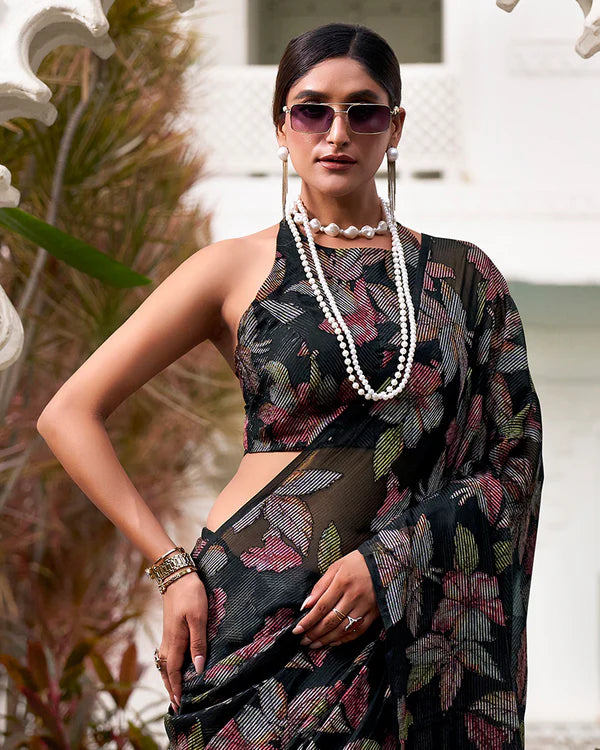 Womenline Black Color Lurex Brasso Viscose Saree