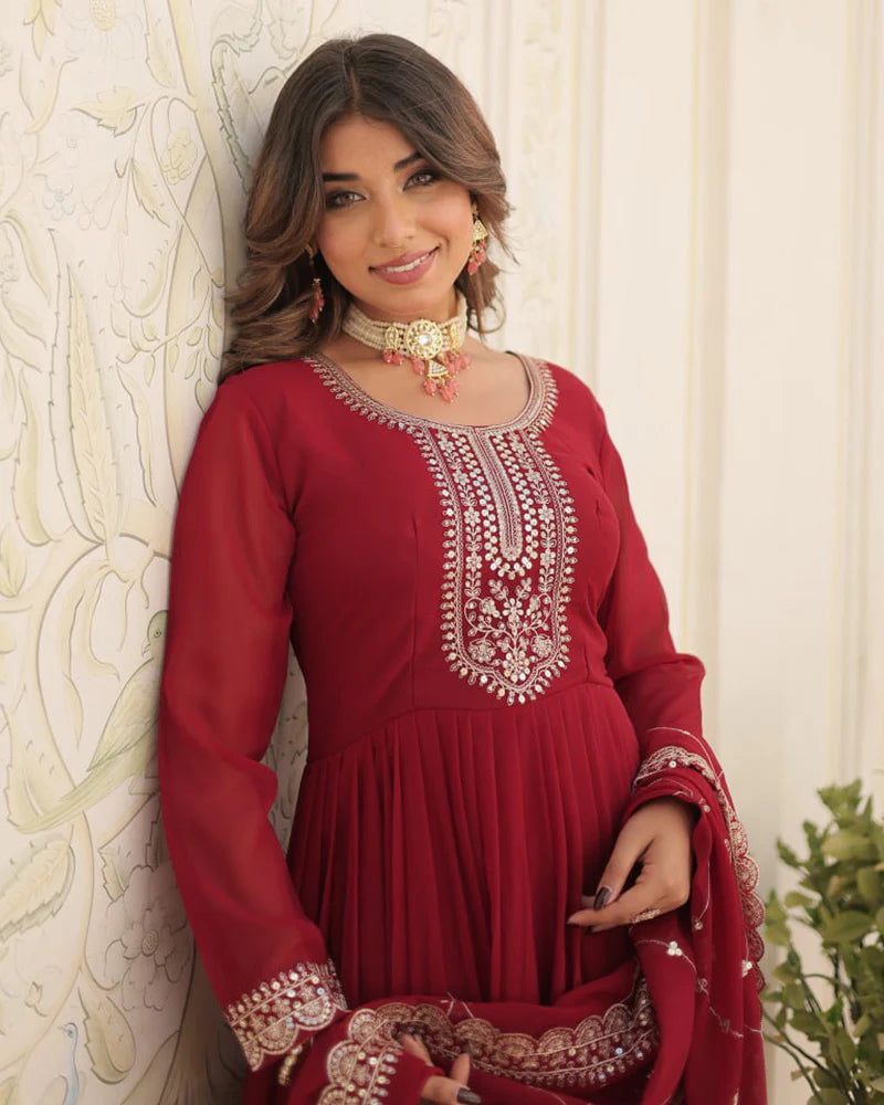 Womenline Maroon Color Faux Blooming Rich Sequence Embroidered Gown