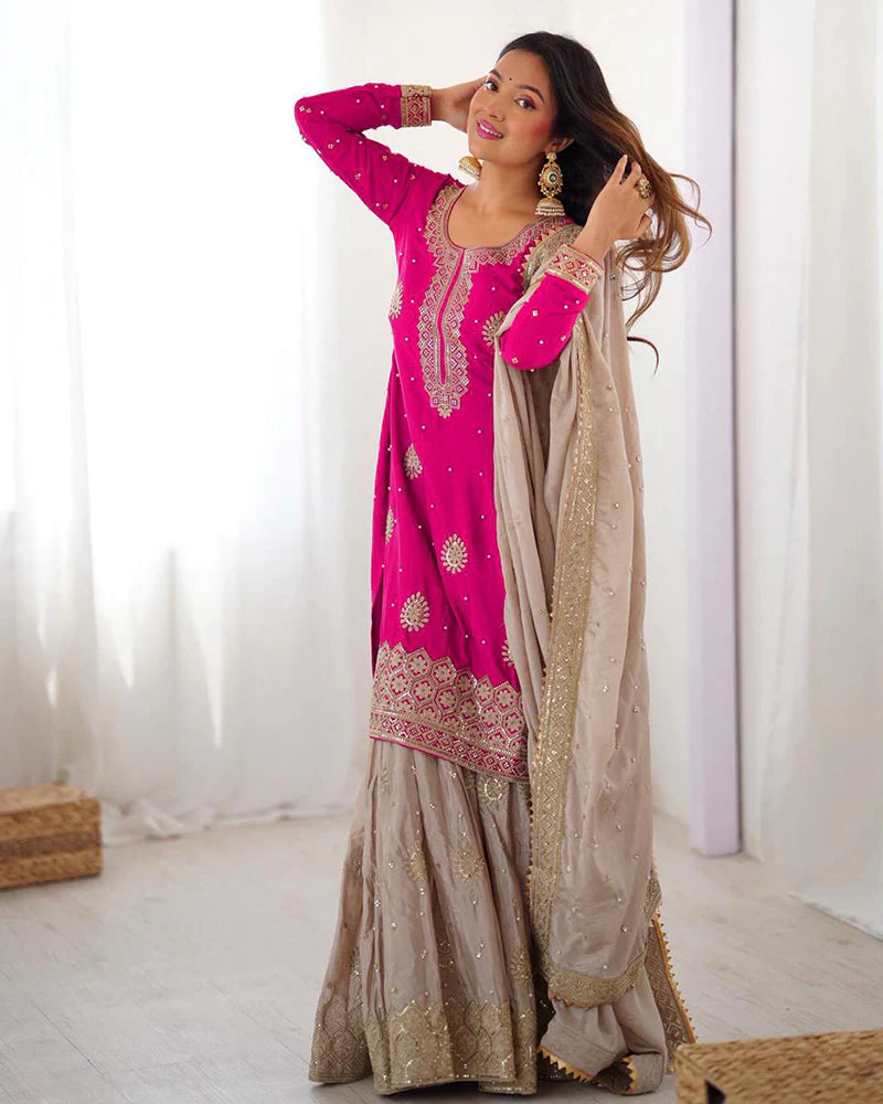 Womenline Pink Color Chinon Silk Embroidered Sharara Suit