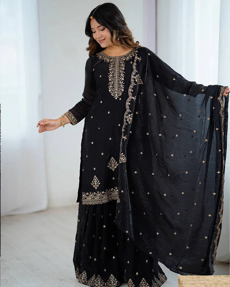 Womenline Black Color Crunchy Silk Sharara Suit