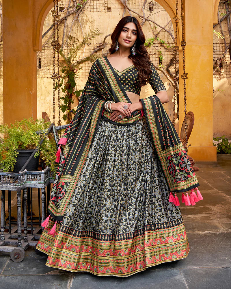 Womenline Black Color Tasar Silk Sparkle Lehenga Choli
