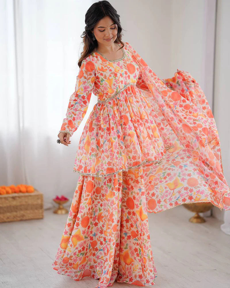 Womenline Orange Color Pure Soft Organza Sharara Suit
