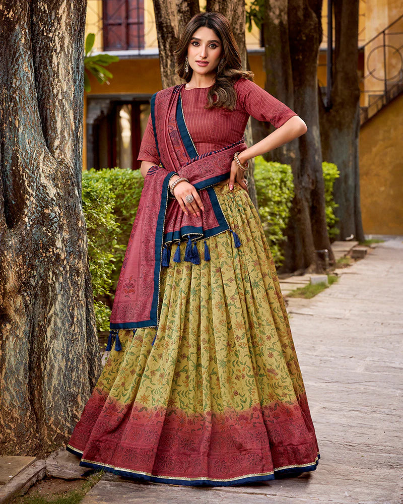 Womenline Crimson Color Vichitra Silk Printed Lehenga Choli