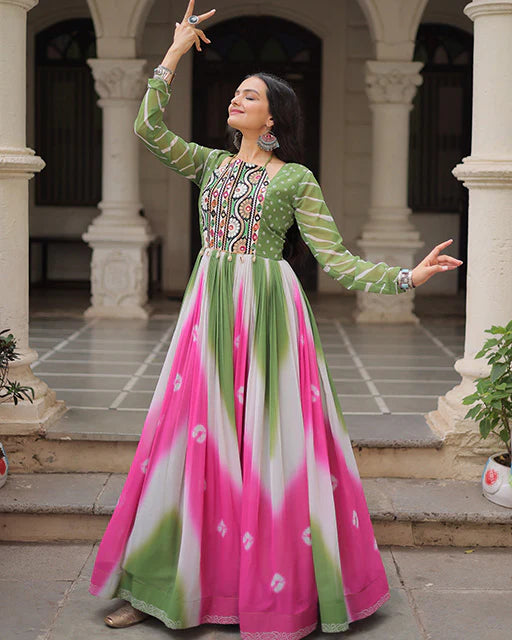Womenline Green Color Faux Georgette Bandhej Print Navratri Gown