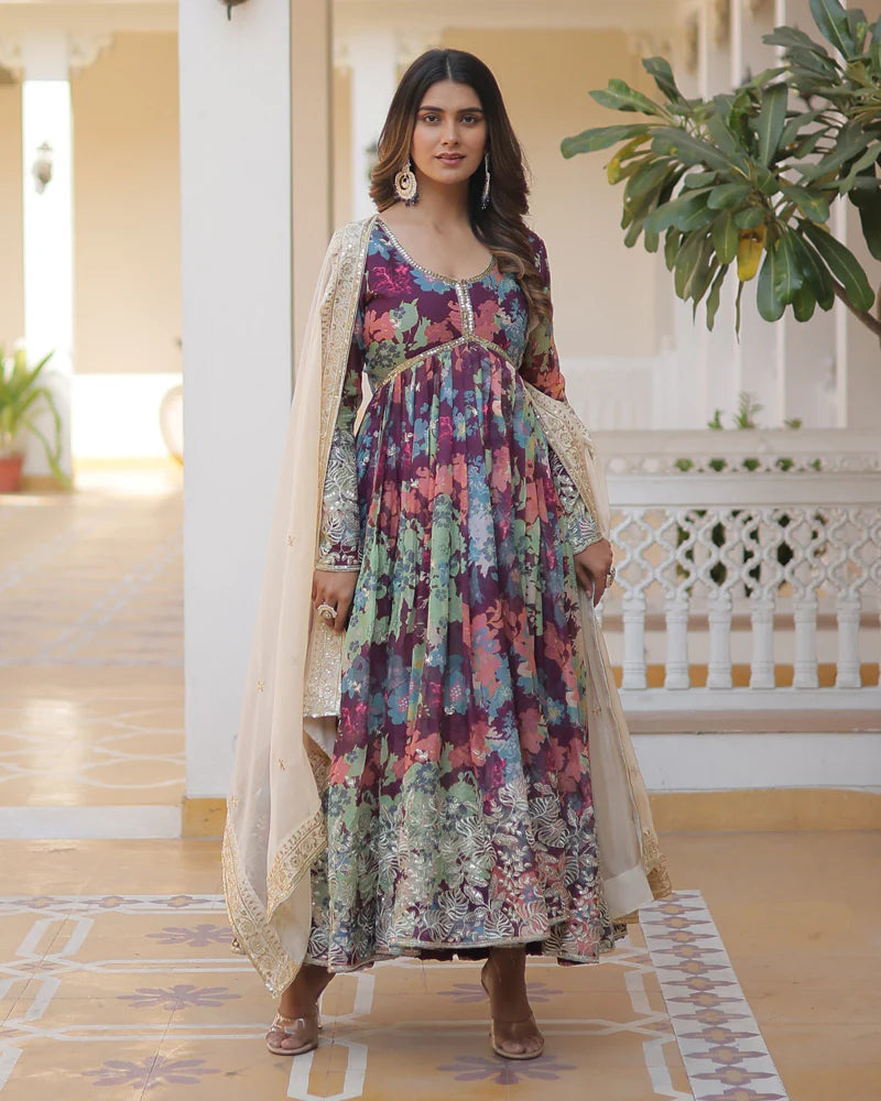 Womenline Wedding Wear Floral Embroidered Wine Color Alia Cut Gown With Dupatta