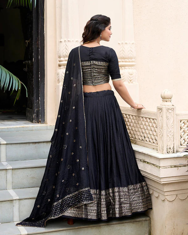 Womenline Black Color Pure Chanderi Plain Navratri Half Saree
