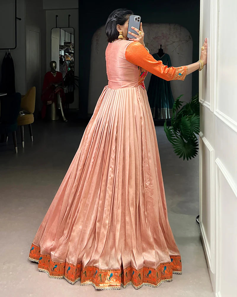 Womenline Peach Color Vichitra Silk Zari Weaving Gown