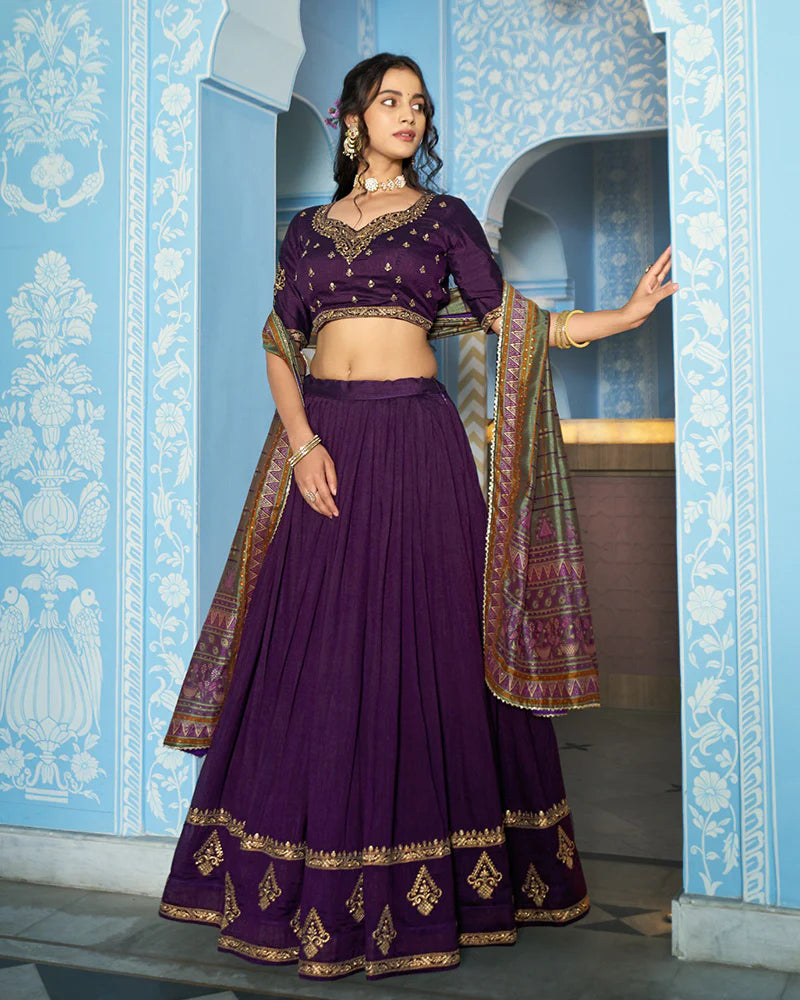 Womenline Elegant Dark Purple Embroidered Vichitra Silk Lehenga Choli