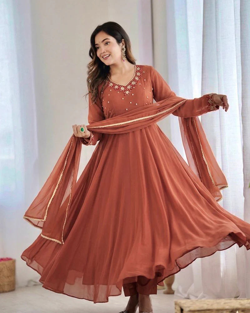 Womenline Rust Orange Color Georgette Three Piece Anarkali Suit