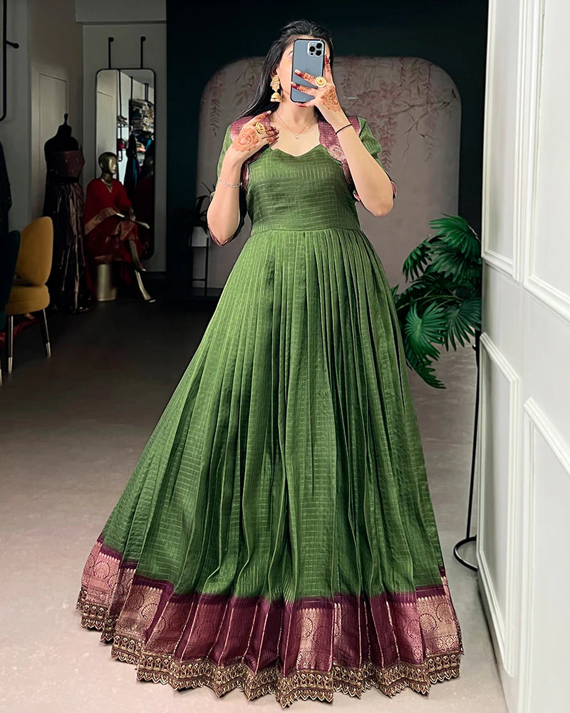 Womenline Mehndi Color Dola Chex Zari Weaving Gown