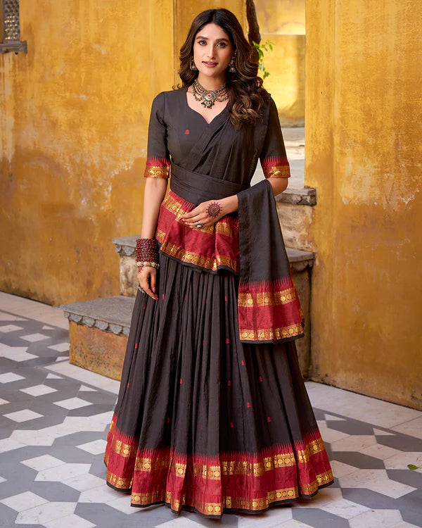 Womenline Elegant Black Pure Chanderi Half Saree With Zari Weaving