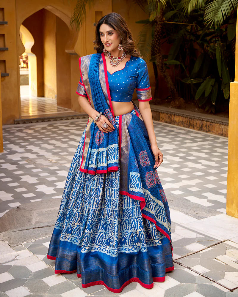 Womenline Blue Color Dola Silk Batik Printed Lehenga Choli