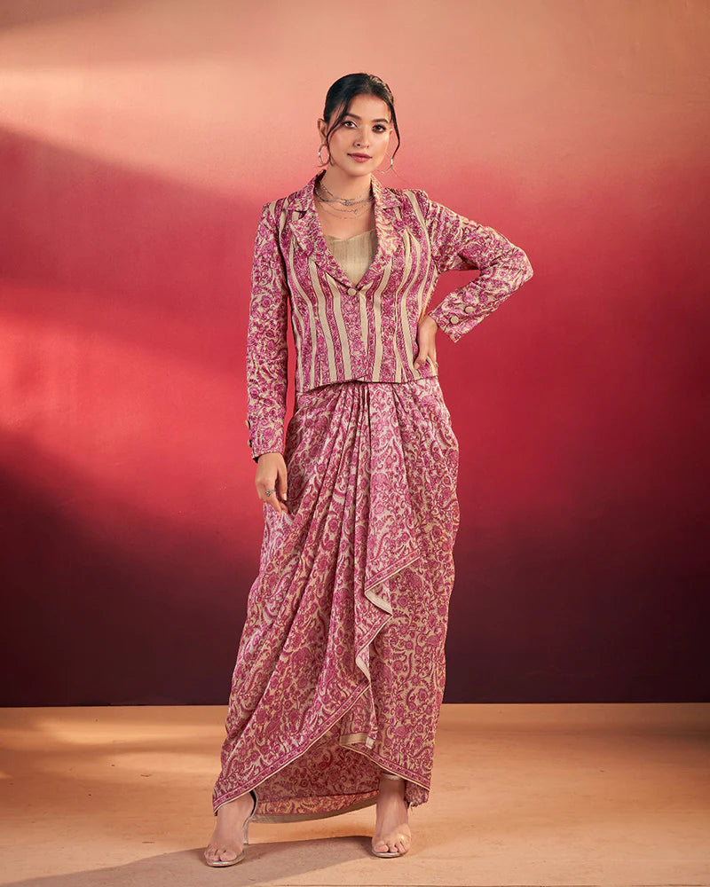 Womenline Pink Printed Jacket Style Indo-Western Co-Ord Set