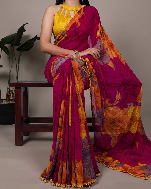 Womenline Pink Color Weightless Marble Floral Printed Saree