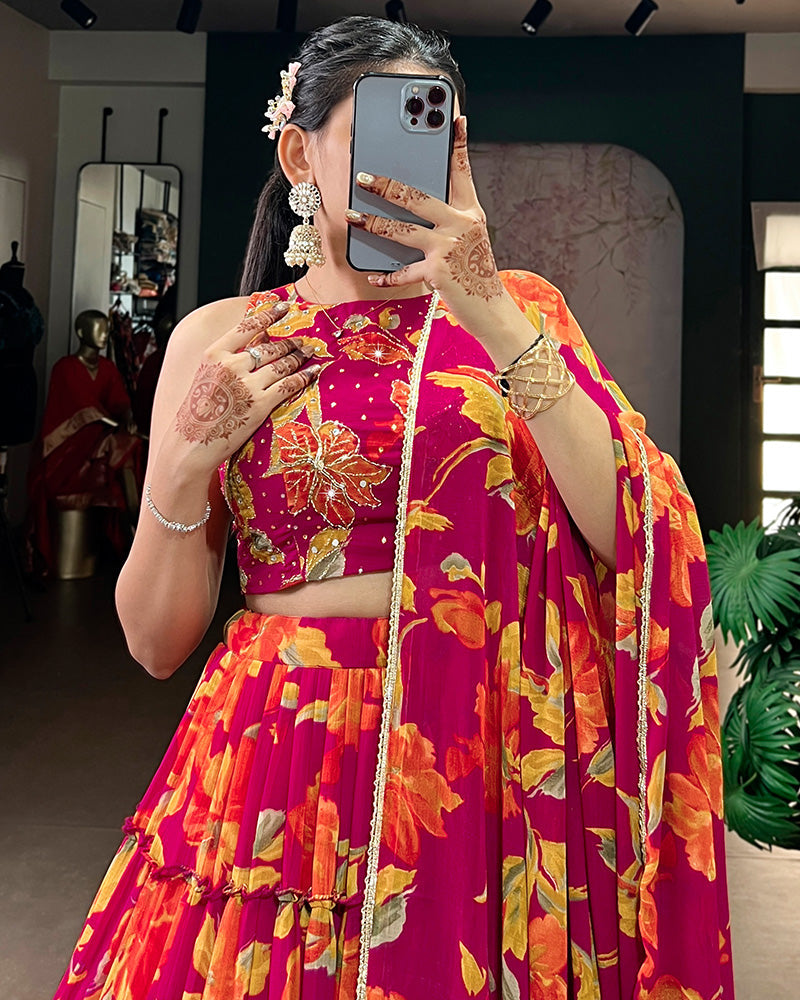 Womenline Pink Color Marble Floral Printed Lehenga Choli