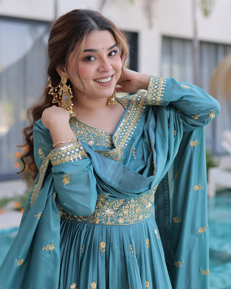 Womenline Dusty Teal Color Super Silk Embroidered Sharara Suit