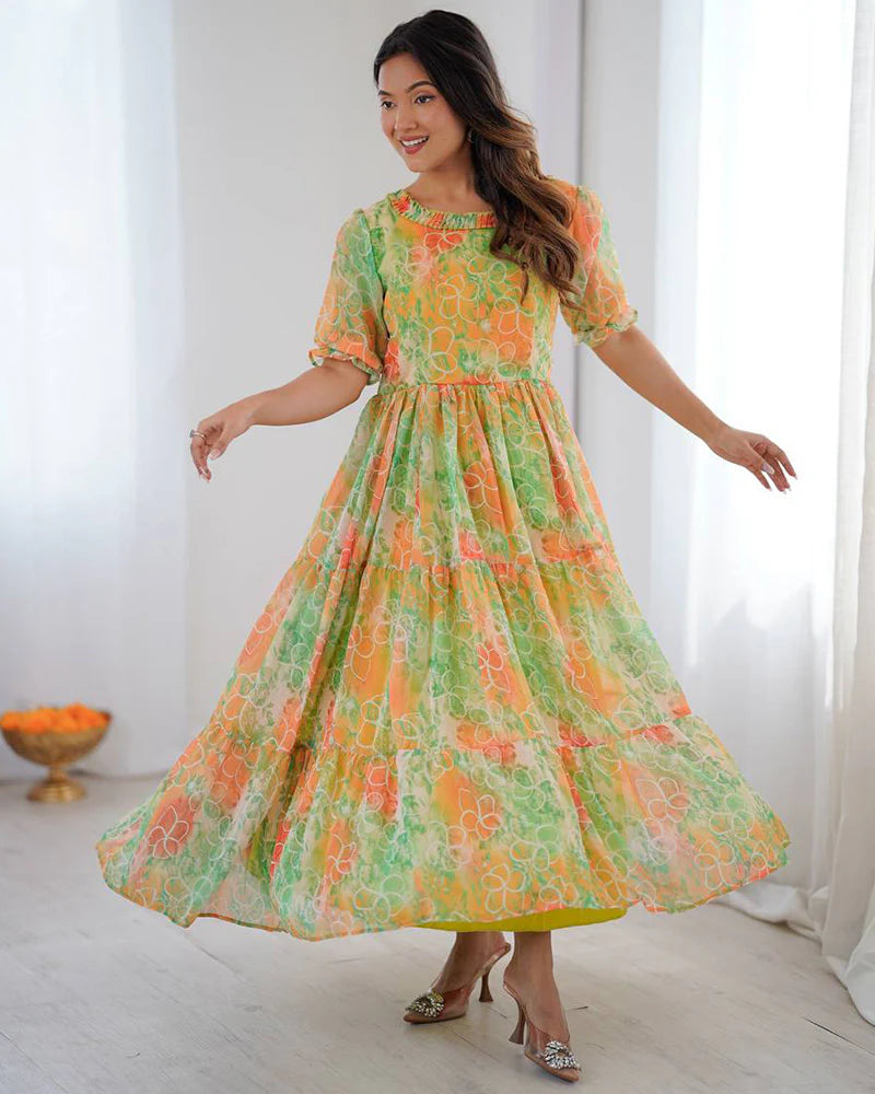 Womenline Lime Green Color Georgette Digital Printed Tunic
