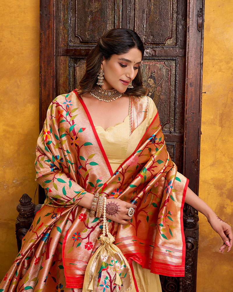 Womenline Cream Color Paithani Silk Zari Weaving Lehenga Choli