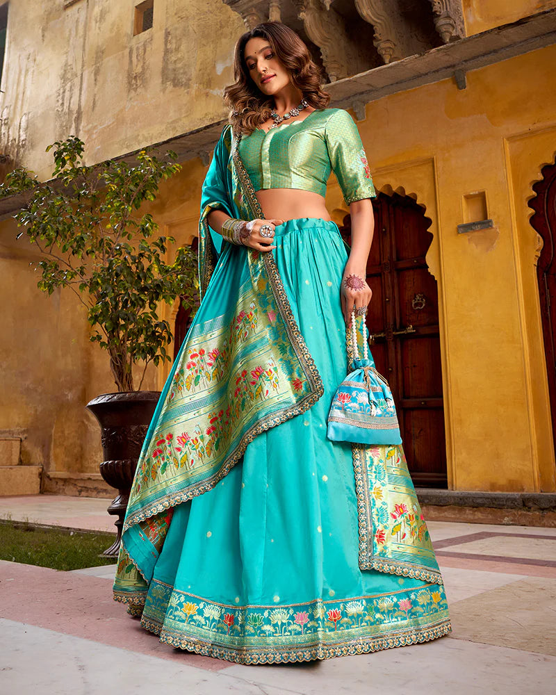 Womenline Sky Blue Color Soft Silk Paithani Lehenga Choli