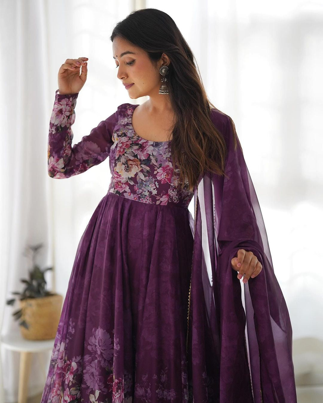 Womenline Wine Color Floral Print Organza Three Piece Anarkali Suit