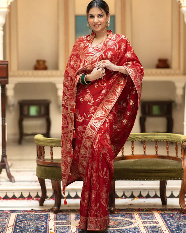 Womenline Red Color Banarasi Jacquard Zari Weaving Saree