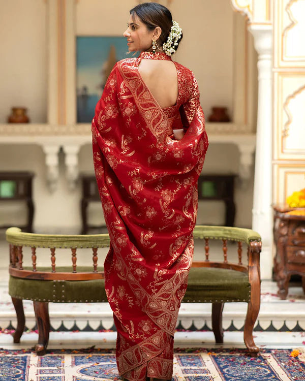 Womenline Red Color Banarasi Jacquard Zari Weaving Saree