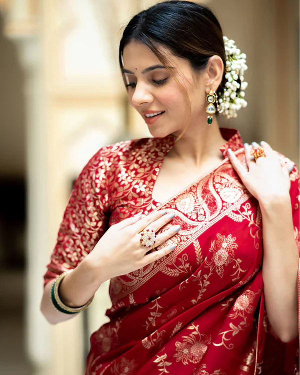 Womenline Red Color Banarasi Jacquard Zari Weaving Saree